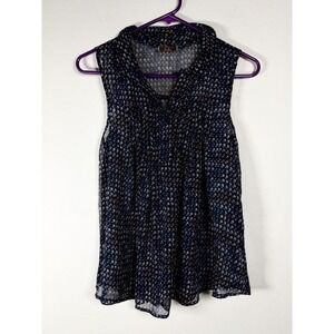 dm bm Floral Print Sleeveless‎ Collared V-Neck Blouse Womens Small Navy Brown